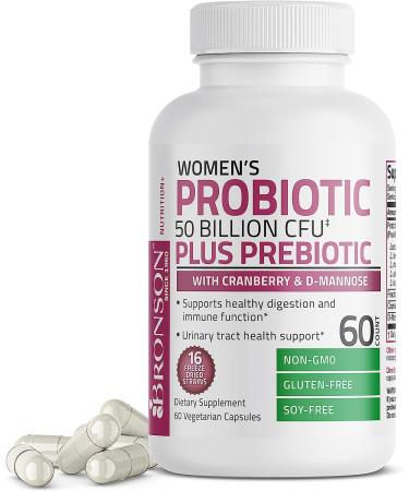 Bronson Women's Probiotic 50 Billion CFU + Prebiotic with Cranberry & D-Mannose - Vaginal Health, Digestive Support, Immune Function - 60 Vegetarian Capsules - Buy Online on GoSupps.com