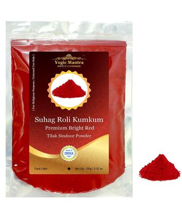 Yogic Mantra Suhag Roli Kumkum Powder (100g Resealable Pouch) Premium Bright Red Color Sindoor Ceremonial Mark - Hindu Pooja  Bridal Sindur Tilak  Suhag Tikka  Indian Rakhi & Puja Religious Ceremony