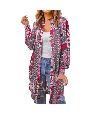 Yihaojia Boho Cardigans for Women Hippie Coverups Long Sleeve Open Front Floral Boho Lightweight Summer Fall Cardigans Hot Pink#20 X-Large