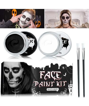 Black White Face Body Paint Set Oil Based Face Painting Kit Special Effects Halloween SFX Makeup Kit with 2 Brushes Halloween Face Paint Palette Kit for Clown Zombie Halloween Cosplay Makeup