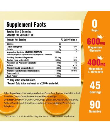 Magnesium Glycinate Gummies for Adults & Kids, 1000mg High Absorption Magnesium Complex Supplement, Sugar Free with Potassium,Vitamins for Calm, Sleep Supprt, Stress Relief, 180 Counts Orange - Buy Online on GoSupps.com