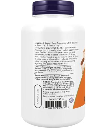 NOW Psyllium Husk Capsules 700mg with Apple Pectin 180 Veg Capsules | Intestinal Health Support - Buy Online on GoSupps.com