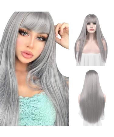 Sofeiyan 26 inches Long Straight Wig with Bangs Silver Gray Synthetic Hair Replacement Wigs Heat Resistant Full Wig for Women Girls