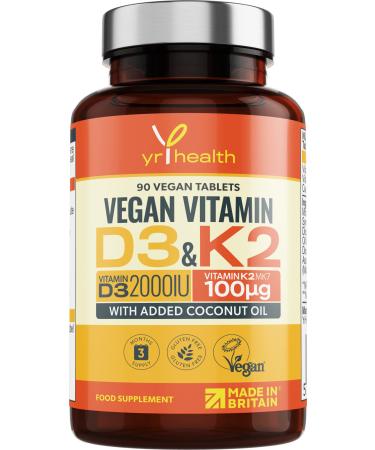 Vegan Vitamin D3 K2 Tablets High Strength & Coconut Oil for Absorbtion - Vitamin D 2000iu & Vitamin K2 Mk7 100mcg Plant Based Supplement for Immune System Bones Blood Calcium Levels Made in The UK