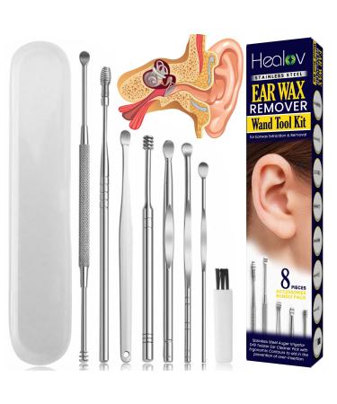 Ear Wax Remover Extractor Wand Tool Kit for Earwax Removal & Extraction Stainless Steel Auger Irrigator Drill Twister Ear Cleaner Pick 8pc Ear Cleaning Accessories Bundle Pack