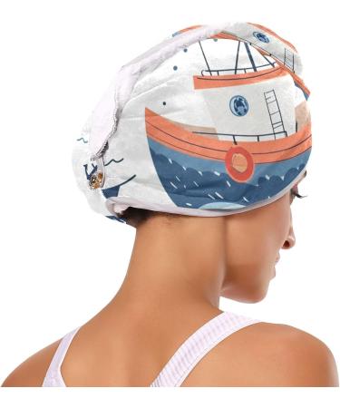 Boats Waves Hair Towel 2 Pack - Super Absorbent Quick Dry Hair Turbans for Women & Girls | Ideal Hair Drying Towel with Button Wrap - Buy Online on GoSupps.com