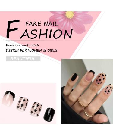24Pcs Short Black French Press on Nails with Heart Design - Cute Acrylic Fake Nails Kit for Women and Girls - Buy Online on GoSupps.com