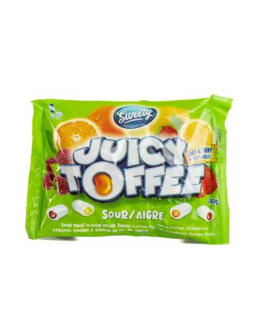 Sweety Juicy Soft & Chewy Assorted Sour Fruit Flavour Filled Toffee Candy - Lemon Raspberry Orange and Strawberry Kosher Certified - 66 Candies - 340g