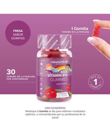 Kids Vitamin B12 Gummies - Energy & Metabolism Support - 30 Chewable Vegan Supplements for Children - Enriched with Vitamin C, B1, B2, B6, Biotin - Novomins - Buy Online on GoSupps.com