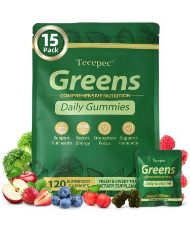 Greens Daily Gummies, Superfood Fruits and Veggies Blend with Spirulina, Chlorella, Prebiotics & Fiber, Adaptogens Multivitamin Supplement for Digestive Health, Non-GMO, 120 Count 120 Count (Pack of 1)