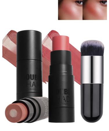 Sandwich Cream Blush Stick for Cheeks 2Pcs Multi-Use Makeup Blush Stick for Eyes Lips Face Longlasting Tinted Moisturizer Matte & Shimmer Blush Finish Natural Glow Blendable Blusher with Brush-03+05 03#+05#