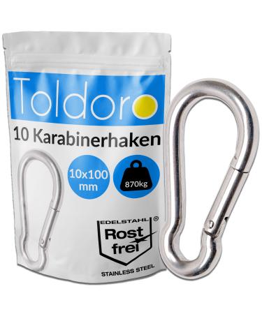 Toldoro 2x stainless steel carabiner 10x100mm rustproof - Niro AISI 316 V4A/carabiner hooks large for swing camping or slacklines/fire brigade carabiner/carabiner set