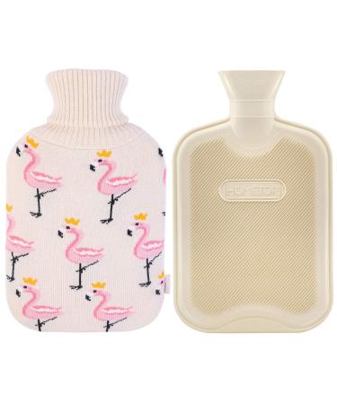 HomeTop Premium 2 Liter Classic Rubber Hot Water Bottle w/Chic Flamingo Knit Cover (2L, Cream White) Cream White 1 Count (Pack of 1)