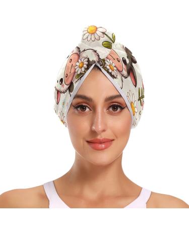 Cow and Daisy Flower Hair Towel 2 Pack Super Absorbent Hair Drying Towel Quick Dry Hair Turbans Head Towel with Button Twisty Wrap for Women Girls