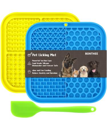 Dog Lick Mat with Suction Cups, 2 Pcs Slow Feeder Mat Silicone Lick Pad for Dog Cat with Spatula - Yellow & Blue