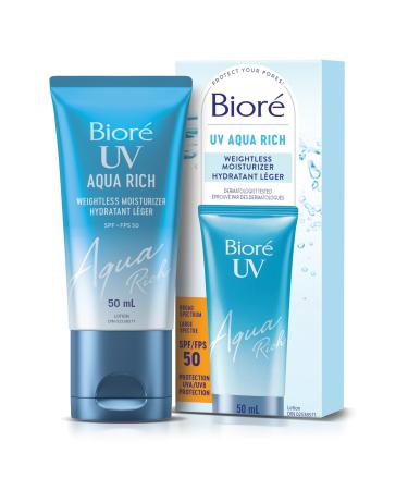 Bior UV Aqua Rich Weightless Moisturizer with SPF 50 | Dermatologist Tested Face Cream with Invisible UV Protection | 50mL
