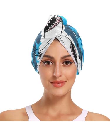 Fierce Shark Hair Towel 2 Pack Super Absorbent Hair Drying Towel Quick Dry Hair Turbans Head Towel with Button Twisty Wrap for Women Girls