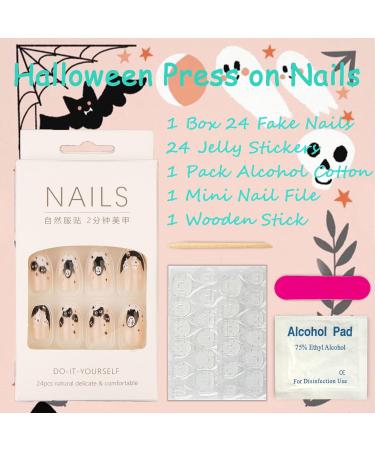 Short Glossy Press on Nails - Halloween Ghost & Virus Designs - 24Pcs Almond Full Cover Fake Nails for Women & Girls - Buy Online on GoSupps.com