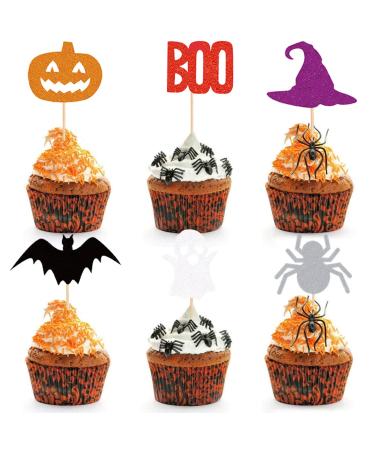 UXYOKM 24Pcs Halloween Cupcake Toppers Pumpkin Witch Hat Ghost Spider Bats Boo Cupcake Picks Halloween Themed Party Baby Shower Birthday Cake Decorations Supplies Colorful