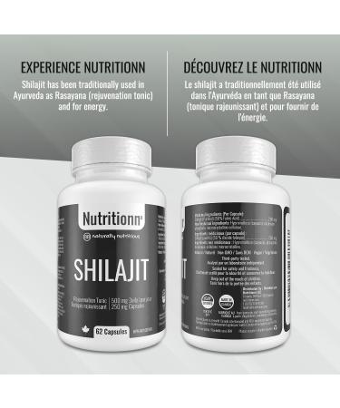 Shilajit Capsules - Pure Himalayan Organic Natural Shilajit for Men and Women - Rejuvenation Testosterone Supplement - 62 Premium Capsules x 250 mg 500 mg Daily Serving - Made in Canada - Nutritionn - Buy Online on GoSupps.com