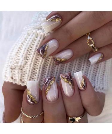 Square False Nails Short 24Pcs White Purple Fake Nails Press on Nails with Gold Foil Full Cover Stick on Nails with Nail Glue French Nail Tips for Women Girls Nail Art DIY Purple White Gradient