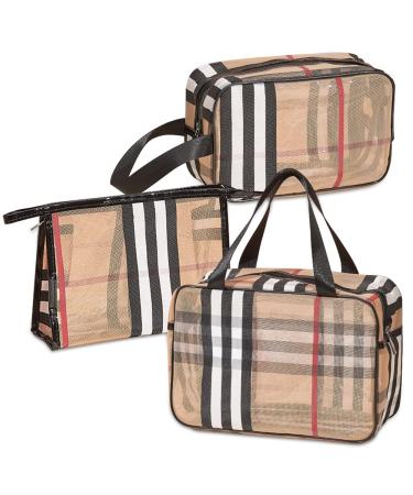 Veki 3 Pieces Set Plaid Striped Transparent Makeup Bag Waterproof Travel Cosmetic Bag Portable Makeup Bags Organizer for Women and Girls Toiletry Bag Pouch Travel Organizer Cases (Stripe)