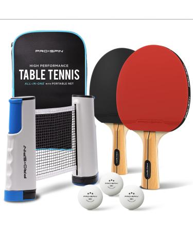 PRO-SPIN All-in-One Portable Ping Pong Paddles Set | Table Tennis Set with Retractable Ping Pong Net (Up to 72" Wide) | Premium Paddles, 3-Star Balls | Storage Case | Family Fun | Gift 2-Player Set