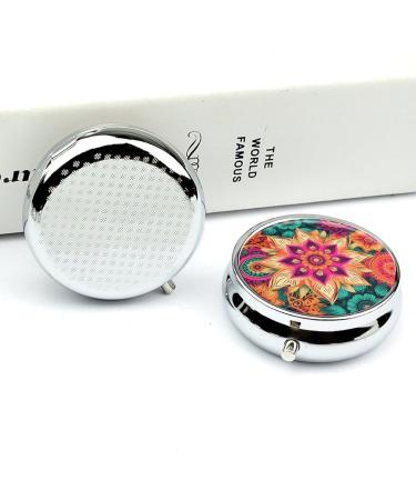 Round Pill Box | Boho Mandala Flowers Print | 3 Compartment Medicine Organizer | Decorative Metal Portable Pill Case - Buy Online on GoSupps.com