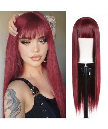 WOCO Burgundy Wigs with Bangs Long Straight Wigs for Women 26 Inch Wine Red Heat Resistant Synthetic Wigs for Daily Party Cosplay Wear Natural Looking Hair Replacement Wig Bangs-Burgundy