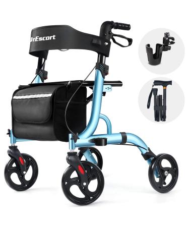 UrEscort Walkers for Seniors with Seat, Lightweight Upgrade Rollator Walker with Seat and 8’’ Four Wheels, Adjustable Handle & Basket, Aluminum Folding Rollator for Adult, Elderly (Blue) Lightweight Skyblue