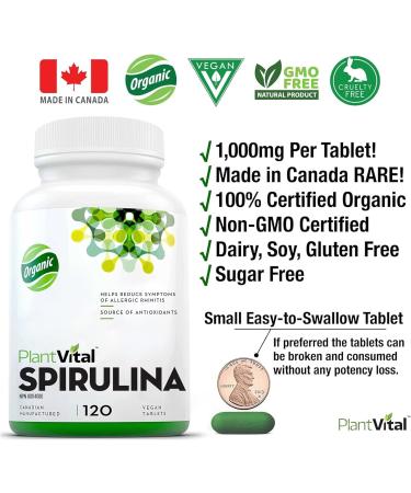 Plantvital Organic Spirulina Tablets (120 Tablets) 1000mg Per Tablet - Mega Source of Chlorophyll Protein. Vitamins/Minerals Antioxidant Rich Superfood. Vegan Non-GMO Gluten Soy Dairy Free! Made in Canada 120 count (Pack of 1) - Buy Online on GoSupps.com