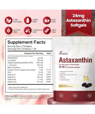 10 in 1 Astaxanthin Supplements 24mg, 4 Month Supply, Astaxantina Antioxidant from Fresh Haematococcus Pluvialis, Contains Lycopene, Grape Seed, Vitamin E, & More Supports Eye, Joints, Skin Health 24mg | 1 Bag | 240 Softgels - Buy Online on GoSupps.com