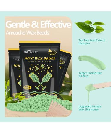 ANREACHO Hard Wax Beads 10.5 oz - Painless Hair Removal for Sensitive Skin - Bikini, Eyebrow, Facial Waxing - At-Home Pearl Wax Beads with Tea Tree - Includes 10 Spatulas - for Women and Men - Buy Online on GoSupps.com