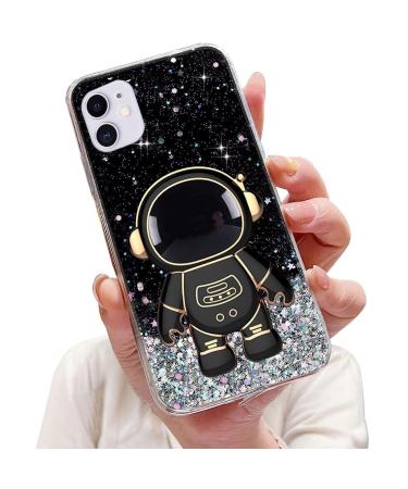 Tivenfezk nadoli for iPhone 11 astronaut hidden stands shell caricature glitter stand soft silicone bling transparent protective cover iphone 11 black