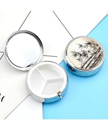 Round Bamboo Pill Box with Chinese Calligraphy - 3 Compartment Portable Organizer | Decorative Metal Pocket Pill Case - Buy Online on GoSupps.com