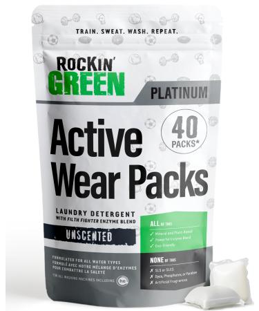 Rockin' Green Laundry Detergent Pods Plant based All Natural Laundry Detergent Pods Vegan and Biodegradable Odor Fighter Safe for Sensitive Skin (Active Wear 40 Pods - Unscented) Activewear_40 Loads pods Unscented