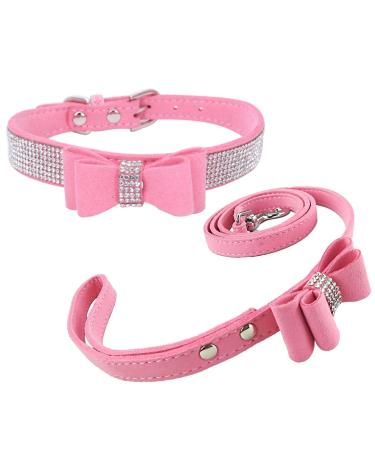 Newtensina Fashion Dog Collar and Lead with Bow Tie Bling Puppy Collar Leash with Bow for Dog - Pink - XS XS Pink