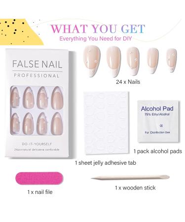 Canvalite French Tip Press On Nails Medium - Pearl Almond Short Glue On Nails - 24 Nail Kit with Adhesive Tabs - Reusable Fake Nails - White French with Pearl - Buy Online on GoSupps.com