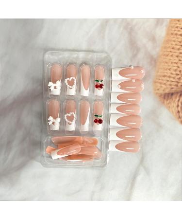 3D Cherry Bow Pearl Press On Nails | Extra Long Square French Tip | Glossy Full Cover Reusable False Nails for Women - Nail Art - Buy Online on GoSupps.com