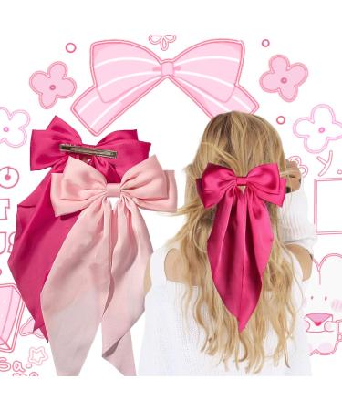 2Pcs Big Hair bow Hair Bows for Women Bow Hair Clip Elegant Solid Color French Barrette Bows For Hair With Long Silky Satin Hair Barrettes Accessories Bow Hair Clips for Women Girls(Pink+ Hot-pink) - Buy Online on GoSupps.com