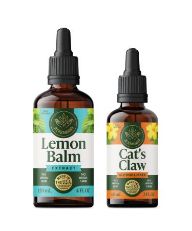 HERBAMAMA Herbal Liquid Drops Kit - Bundle of Lemon Balm 4 fl oz & Cat's Claw Tincture 2 fl oz - Vegan Non-GMO Sugar & Alcohol-Free - 2 Pack