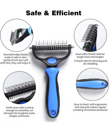JJYPET 2 in 1 Pet Undercoat Rake for Deshedding & Dematting - Dog Cat Grooming Tool - Shedding Comb for Large Small Dogs Cats - Long/Short Hair Remover - Blue - Buy Online on GoSupps.com