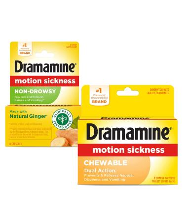 Dramamine Non-Drowsy Naturals with Natural Ginger 18 Tablets & Dramamine Motion Sickness Relief Chewable Tablets Orange Flavored 8 Tablets