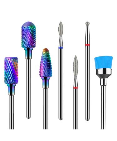 MelodySusie Nail Drill Bits Set, 7pcs Tungsten Carbide Diamond Nail Drill Bits for Acrylic Nails Poly Gel Cuticle Remove, 3/32'' Professional Nail Bits for Nail Drill Efile, Manicure Pedicure Tools Colorful