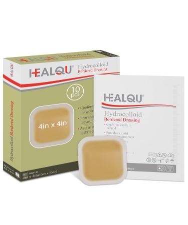 Healqu Hydrocolloid Wound Dressing - 4x4" Bordered - Box of 10 Large Bandages - Sterilized Bordered Hydrocolloid Patches for Bed Sores Abrasions and More - Waterproof and Absorbent with Protective