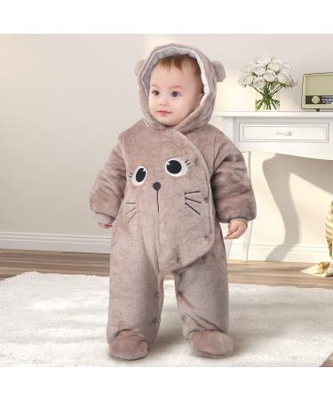 JiAmy Newborn Baby Winter Hooded Romper Fleece Snowsuit Jumpsuit | Cartoon Cat Outfit 0-12 Months | 0-3 Months Brown - Buy Online on GoSupps.com