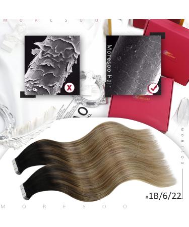 Moresoo Balayage Tape in Human Hair Extensions - Natural Black to Light Brown with Medium Blonde Highlights, 12 Inch - 20 Pieces, 30g #1B/6/22 - Buy Online on GoSupps.com