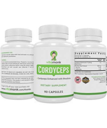 VitaMonk Cordyceps Mushroom Capsules with Rhodiola 2 Grams of Cordyceps Mushroom Enhanced with Rhodiola - Boost Energy Fight Stress Enhance Performance Non-GMO - 2000mg - 90 Caps - Buy Online on GoSupps.com