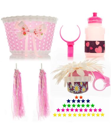 Bikes on Hikes Girls Bicycle Decorations Set - Fun Bicycle Decor w/Beads, Rear View Mirror, Mounted Water Bottle, Handlebar Streamers & Basket - Complete Bike Decoration Kit for Kids Pink