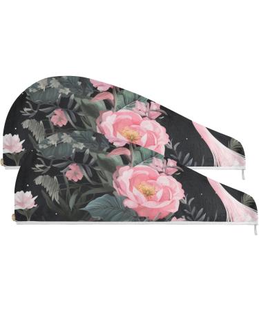 Flamingo Floral Black Hair Towel 2 Pack | Super Absorbent Quick Dry Hair Turbans for Women & Girls - Buy Online on GoSupps.com